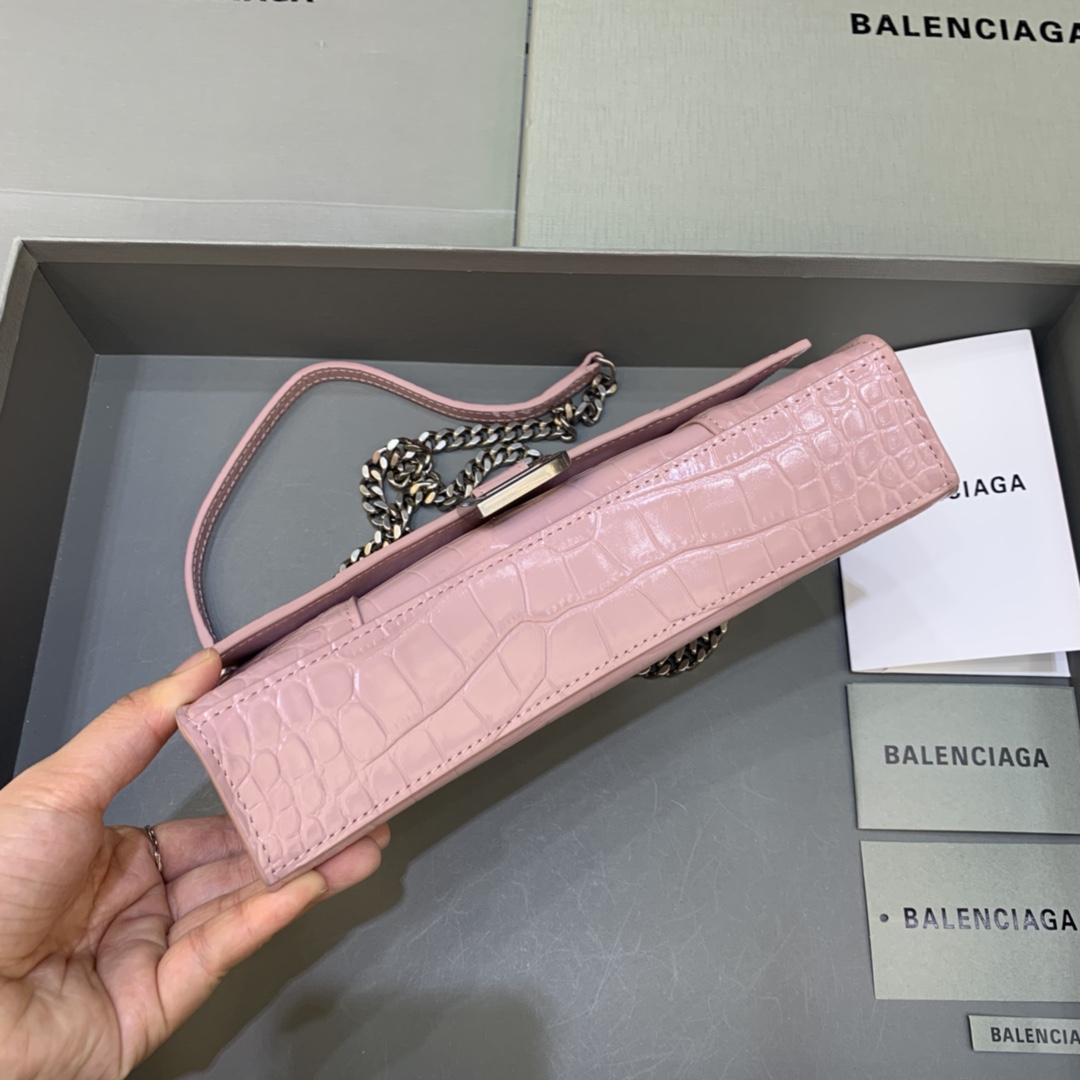 Balenciaga Big Hourglass Wallet With Chain Crocodile Embossed Shoulder Bag Light Pink